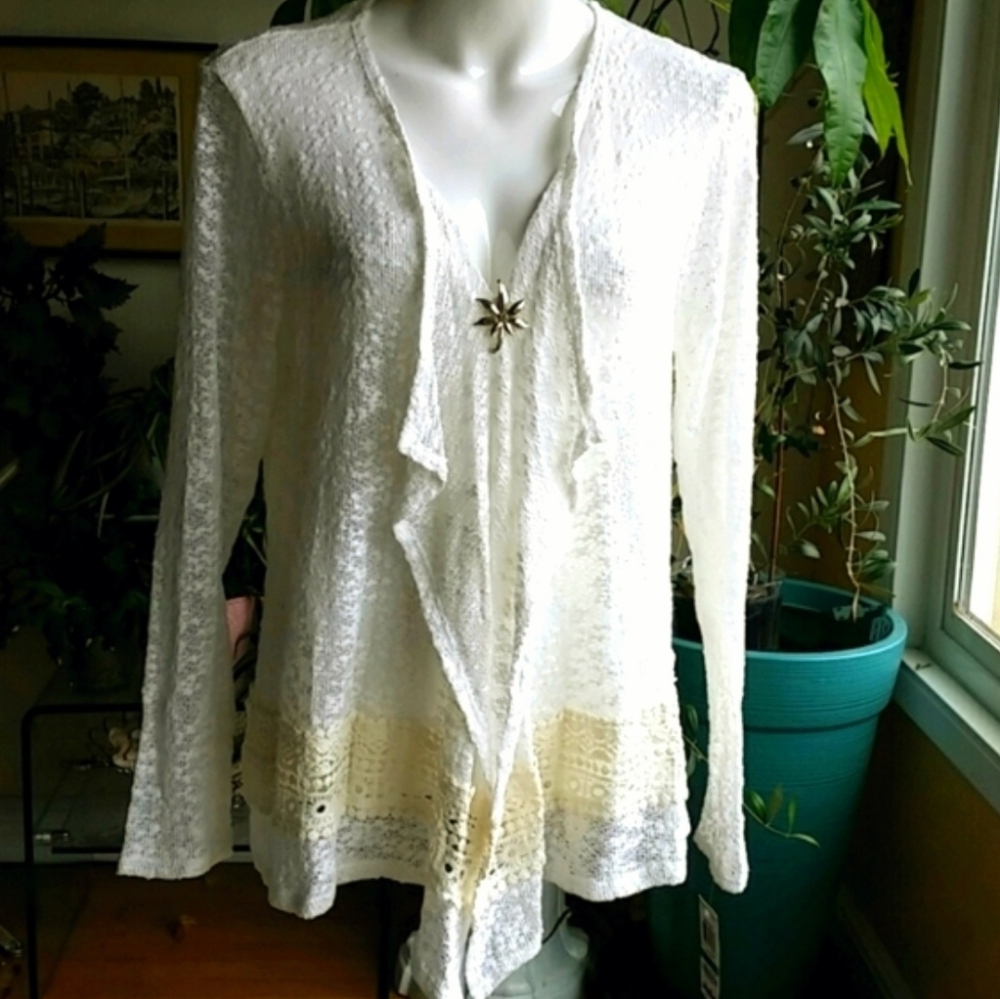 Style & Co. White Lightweight Opene Knit Crotchet Cotton Blend Cardigan Sz Large - Picture 2 of 8